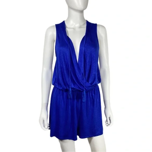 Pink Rose Faux Wrap Plunging V-Neck Royal Blue Romper - Picture 1 of 7